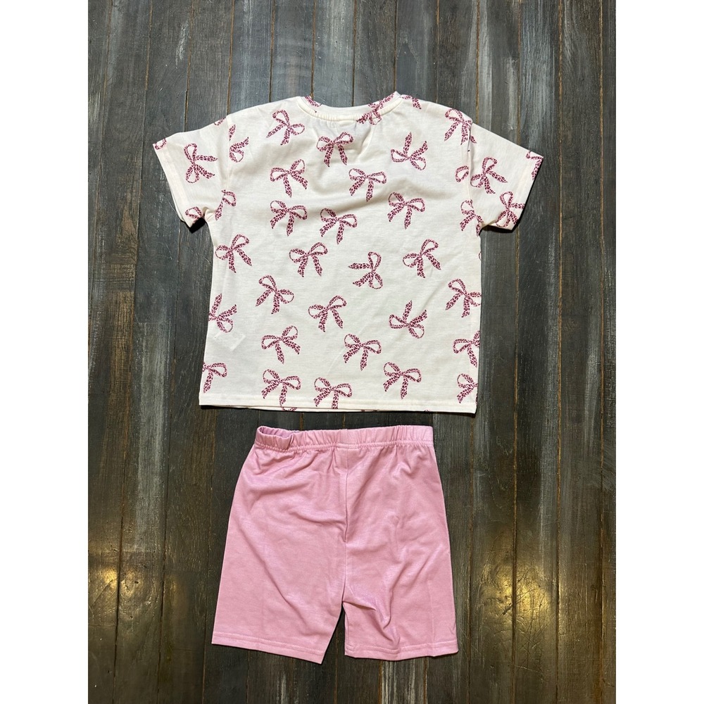 SHEIN Kids Leopard Bow Print Tee‎ and Pink Biker Shorts 2-Piece Set Cream  Pink